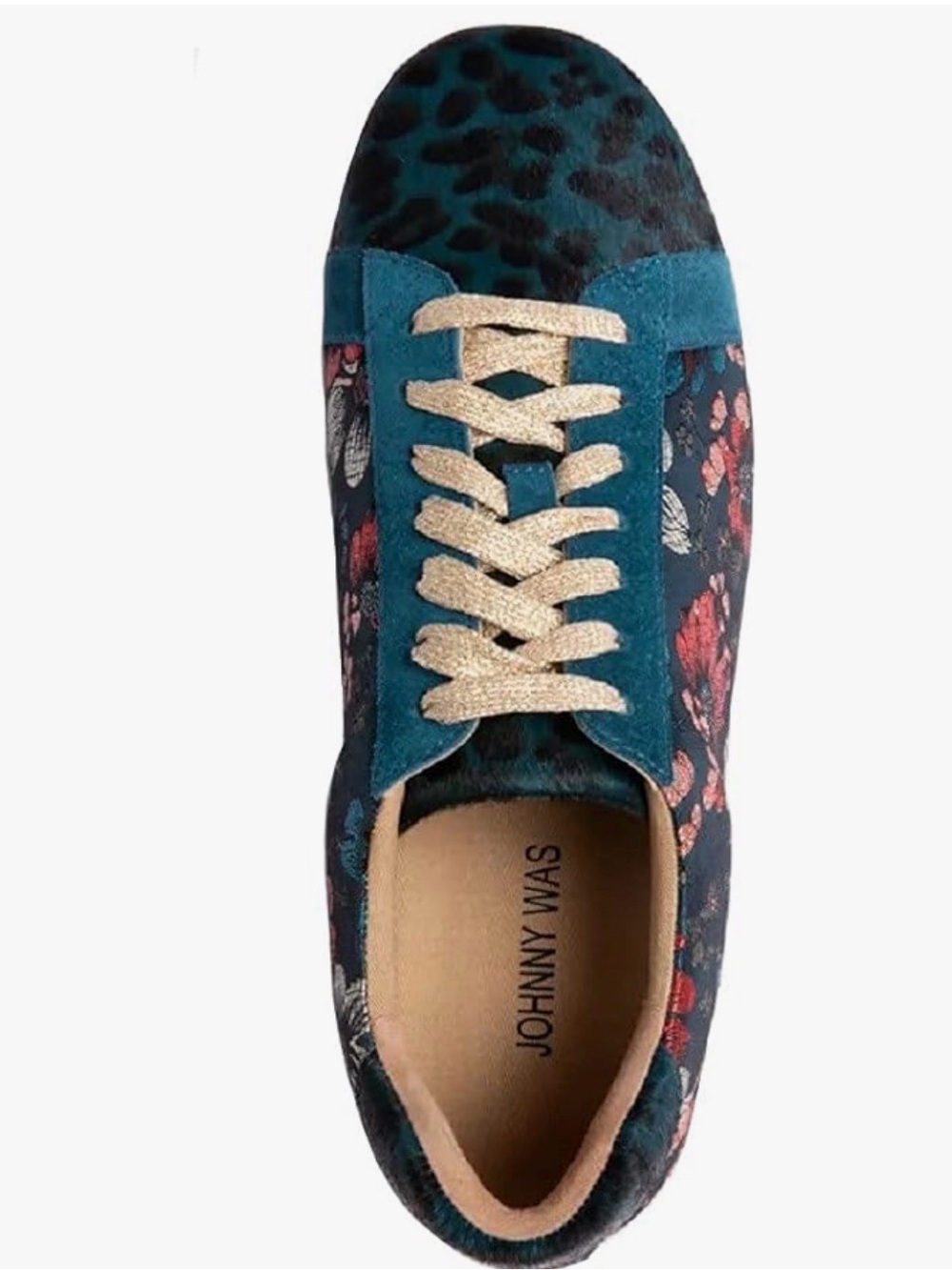 Johnny Was Teal Floral & Leopard Mixed-Media Sneaker with Gold Laces